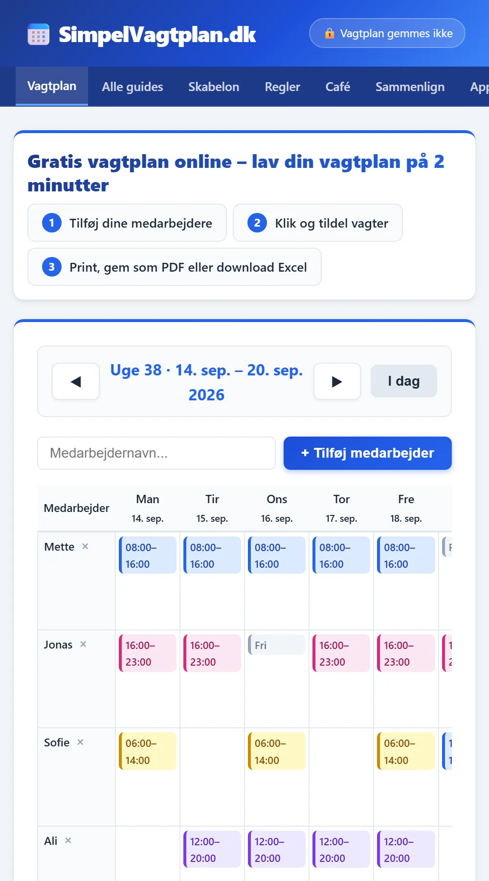 SimpelVagtplan.dk åbnet på en mobiltelefon med en udfyldt vagtplan